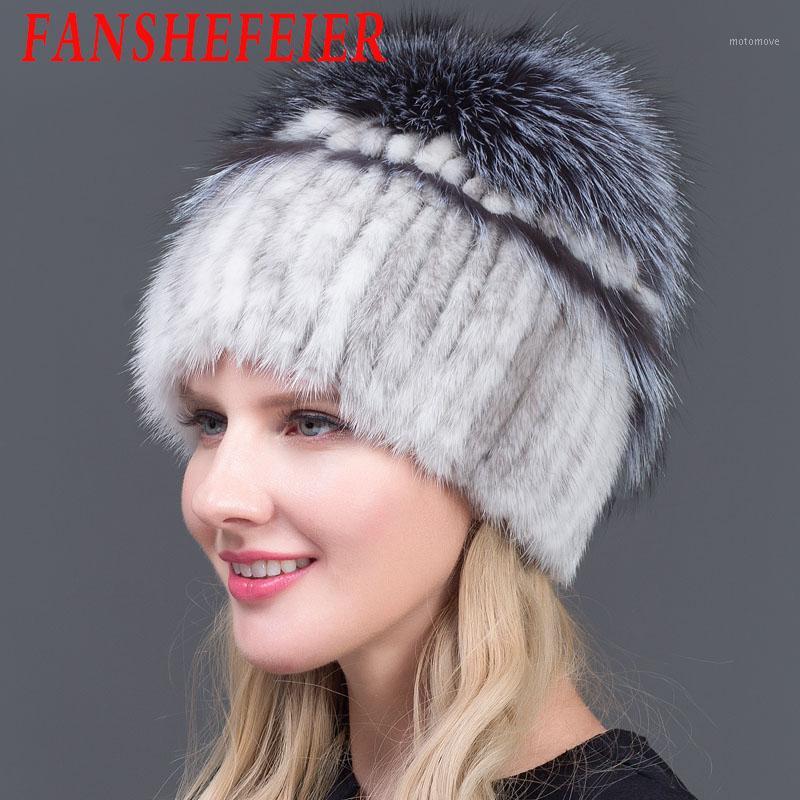 

JERYAFUR Frauen pelzmütze winter echtem nerz skullies mit silber fuchs pelz pom poms top mützen heißer verkauf russland pelz kap1, Brown