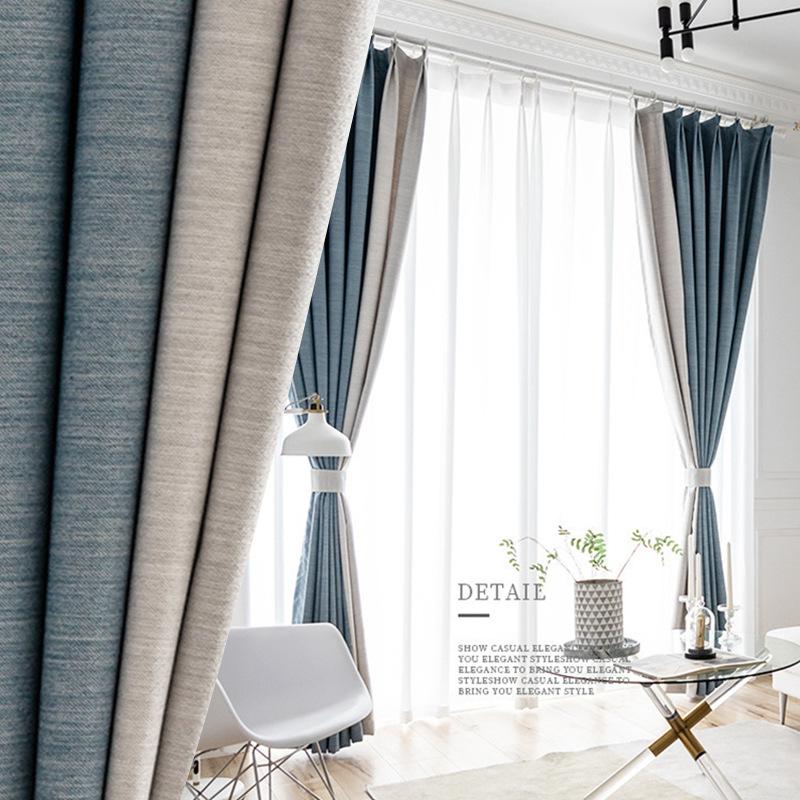 

New Thick Cotton Linen Shade Curtain Solid Color Mosaic Curtains for Living Room Bedroom luxury blackout curtains, Denim blue and beige