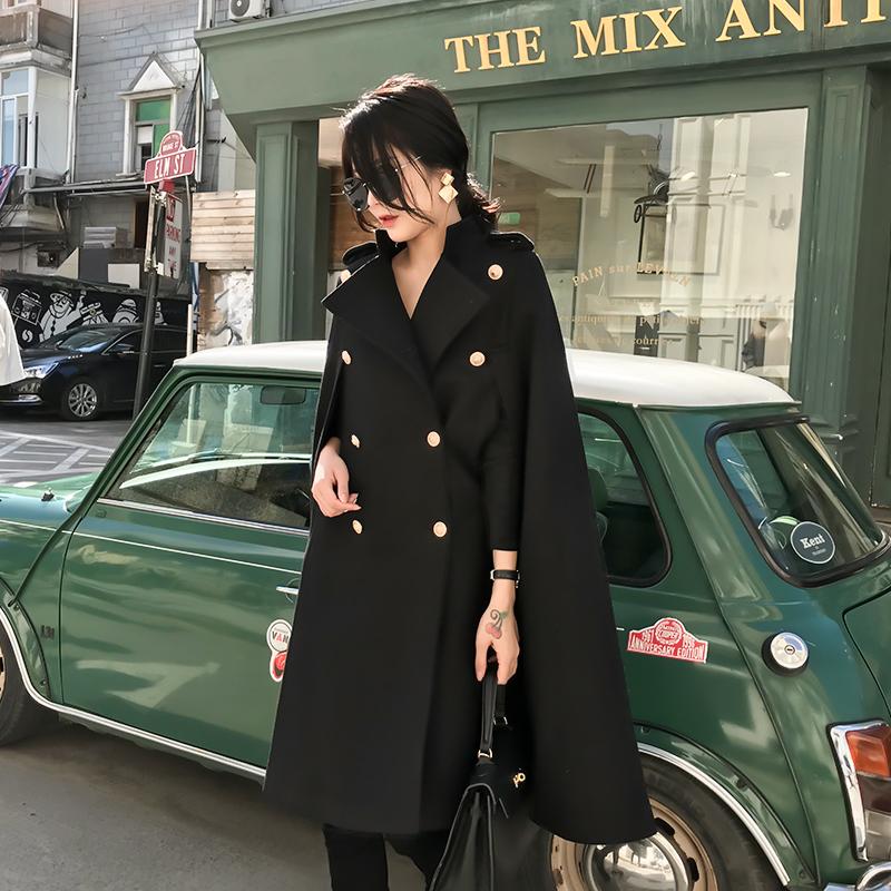 

England Style Winter Woolen Cloak Coats Double breasted Fashion Loose Cape Long Coat Runway Women Oversized Black Shawl Abrigos
