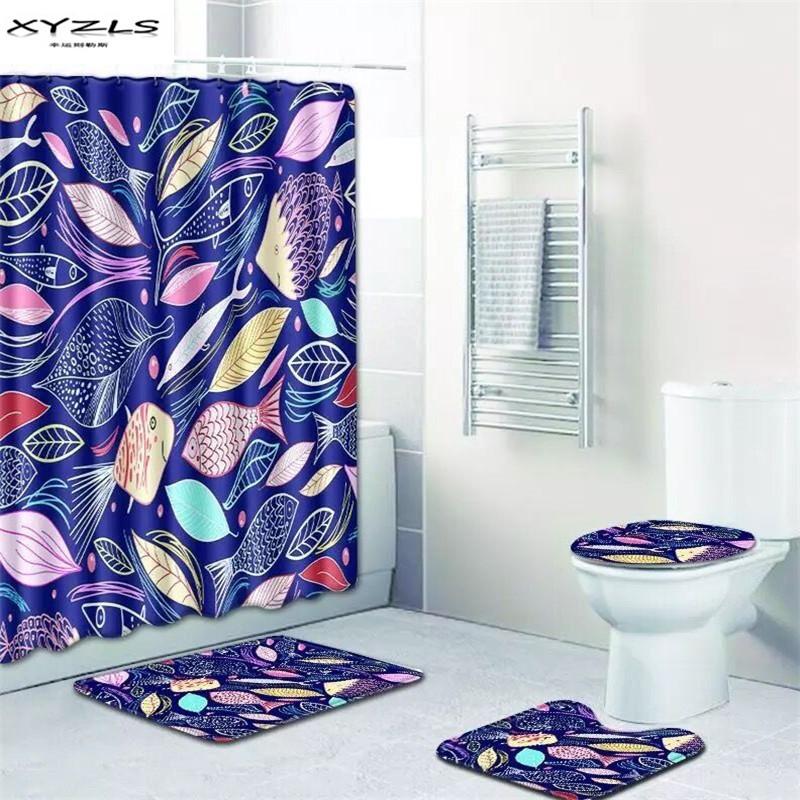 

XYZLS Colorful Leaves Printed Shower Curtain Set Polyester Waterproof Bath Curtain 180x180cm With Bathroom Mat Set
