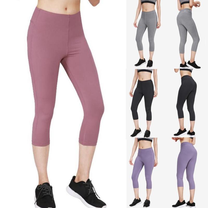 

Calf-Length Leggings Women' High Waist Tight Sports Elastic Solid Fitness Sports Pants 2020 Summer New Arrival1, Black