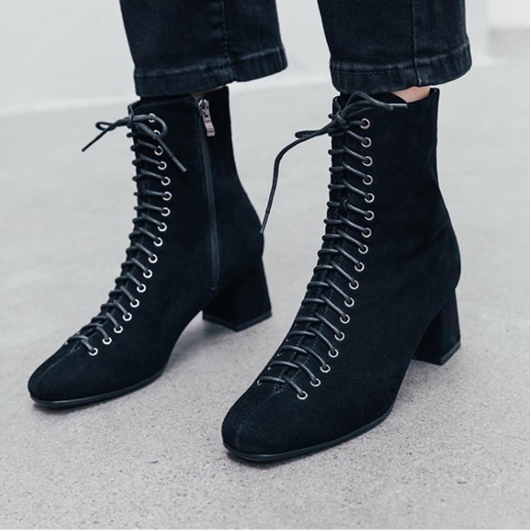 

Cow Suede Ankle Boots Women Platform High Heels Cross strap Shoes Thick Heel Short Boot Ladies Casual Footwear free shipping, Black cowhide