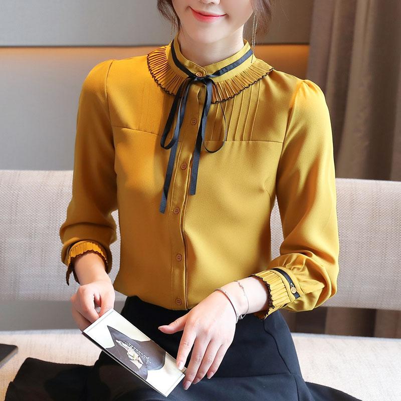 

Korean Women Blouses Chiffon Blouse Woman Tops Plus Size Fashion Women Long Sleeve Shirts Office Lady Solid Blouse Bow Shirt XXL, Yellow
