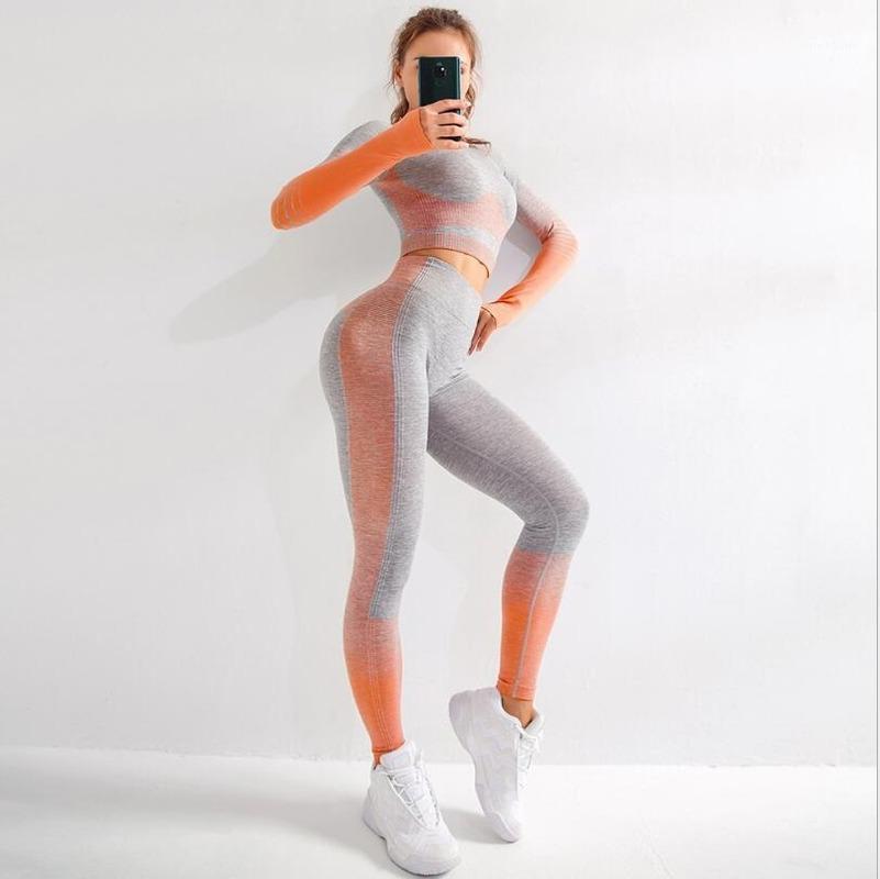 

Seamless Women Yoga Set Long Sleeve Top High Waist Belly Control Sport Leggings Gym Clothes Seamless Sport Suit canbe alone buy1, Orange set