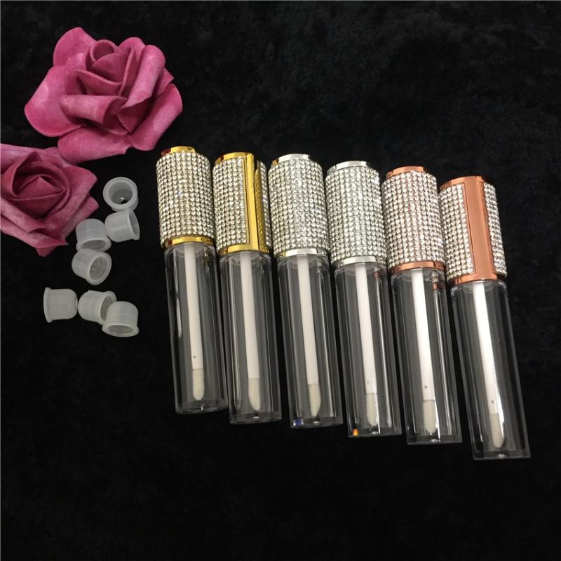 

25/50/100pcs Transparent Lip Gloss Wand Tubes 5ml Rose Gold Silver Rhinestone Diamond Cap Round Clear Lipgloss Makeup Container