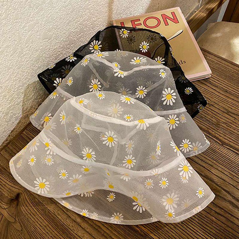 

2020 Summer Thin Mesh Gauze Small Daisy Print Fisherman Hat Female New Outdoor Breathable Sun Hat Basin Short Brim women, Black