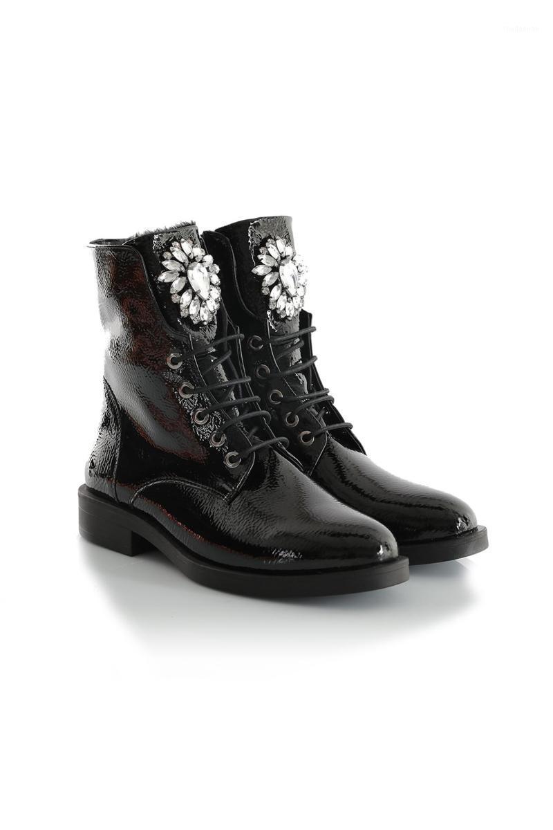 

OBLAVION Pale Black Patent Leather Stone Detailed Postal Women's Boots Reflect to Your Style in Cold Winter Days1