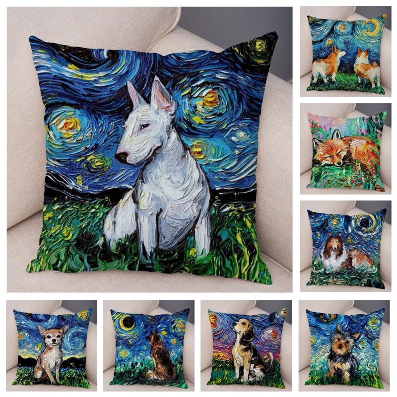 

Oil Painting Pet Dog Cushion Cover Decor Cute Color Animal Pillowcase Soft Plush Pillow Case Covers for Sofa Home Children Room
