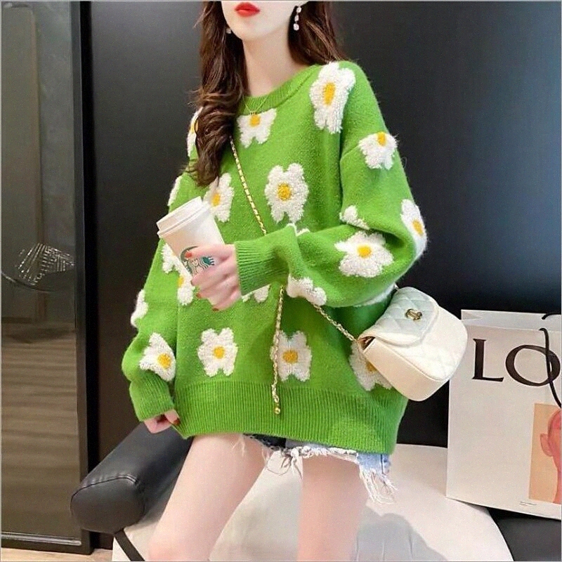 

women's Sweater Embroidery Daisy Stylish St. Patrick's Day Long Sleeve Loose Sweater Cardigans Crew Neck Fall Spring Green Black c8cf#