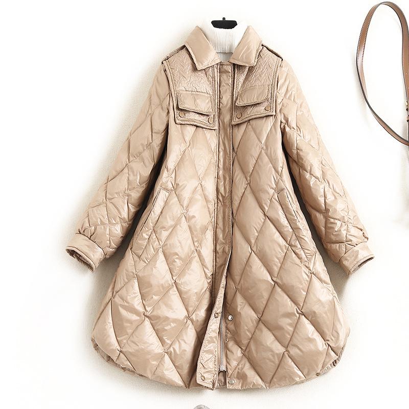 

Fall / Winter 2020 Women' Lapel Plaid Stitching Pockets Long Plus Size Cape Style Warm 90% White Duck Down Coat Jacket, Black