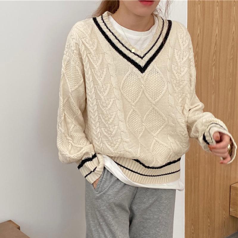

New 2020 Autumn Winter Women's Sweaters V-Neck Pullover Warm Knitted Oversized Korean Style Elegant Lady Tops V904, Black