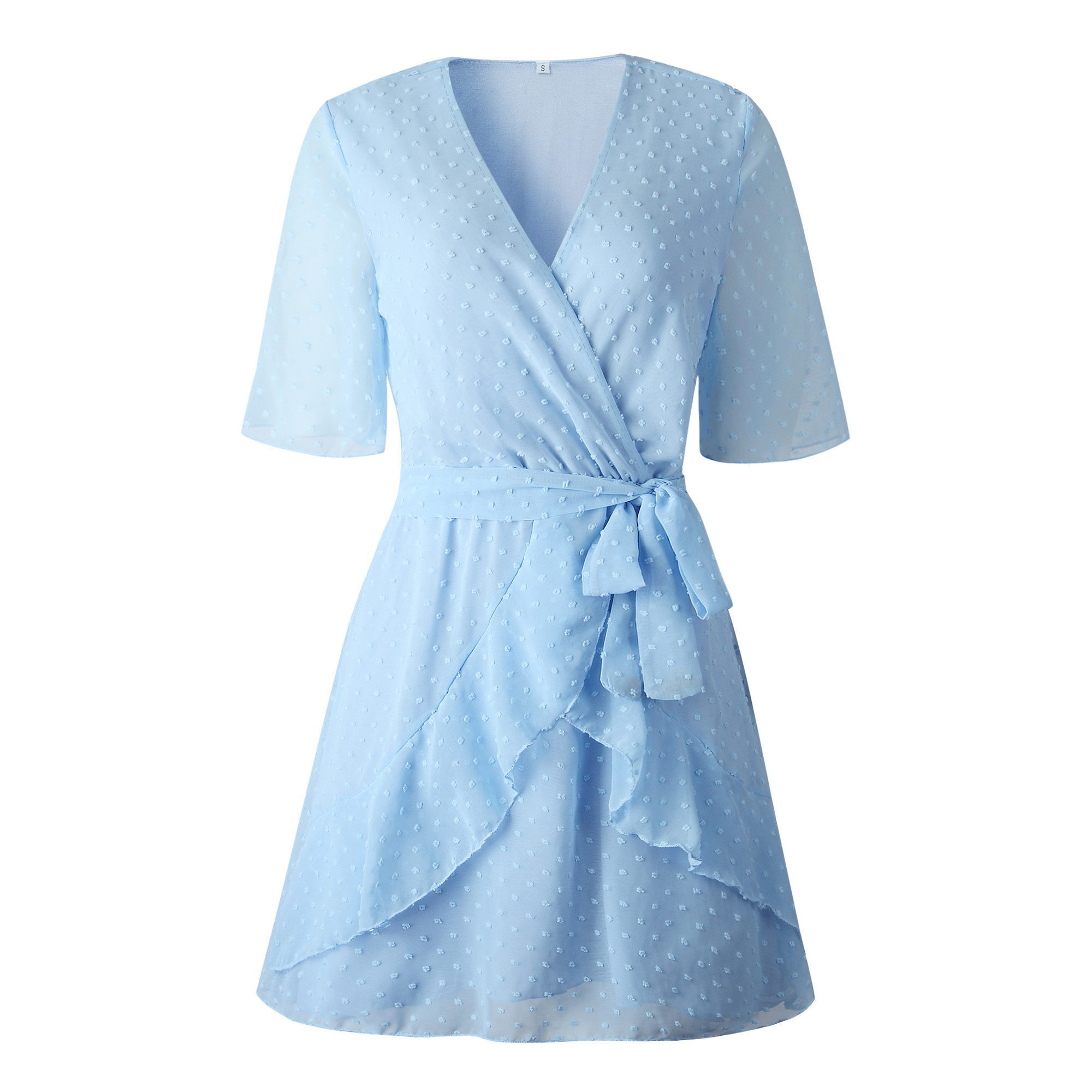 

2021 New Female v Neck Cross Belt Lace to Jagged Frown Pure Fashion Big Sleeve Short Summer Dress Line 1WP9, Burgundy