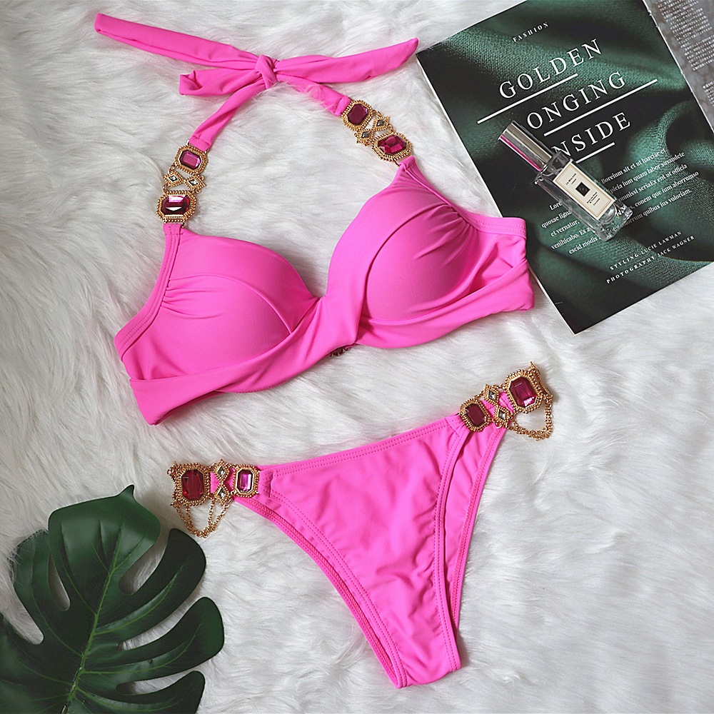

2021 Sexy Diamond Bikini Women Swimwear Female Swimsuit Two-pieces Bikini set Halter Push Up Bathing Suit Swimming Suits, Pink