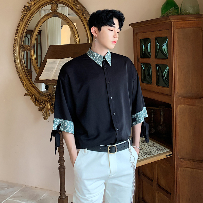 

2021 New Personality Will See Floral Patchwork Decoration Men Loose Fall Down Short Hairstylist Shirt Five Sleeve of Youth Shirt. KF8P, White