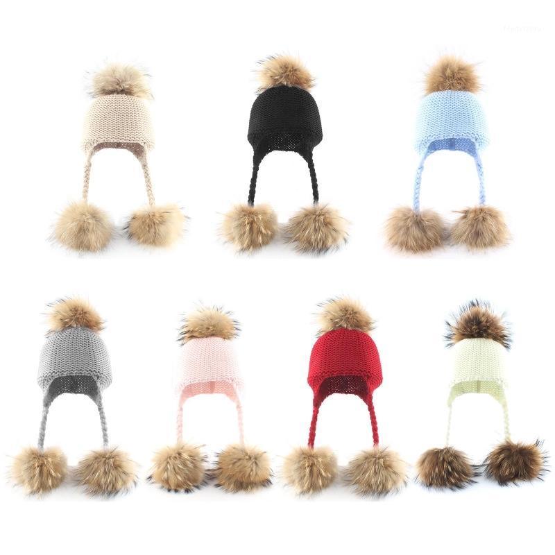 

Toddler Baby 3 Raccoon Fur Ball Beanie Autumn Winter Warm Solid Color Knitted Hat Earflap Children Ear Protection Cap1, White