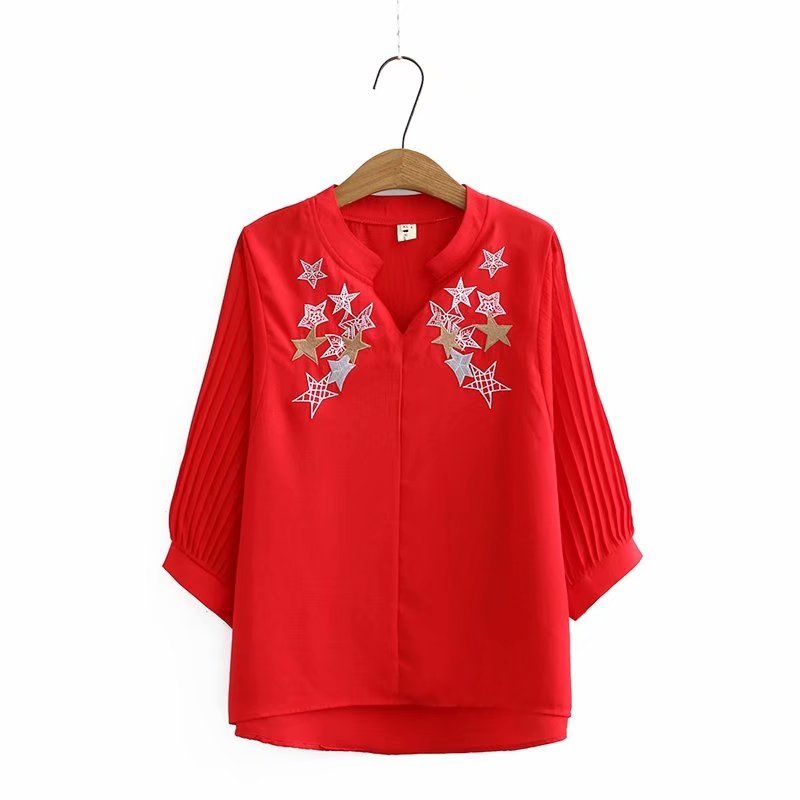 

Size V-embroidered Plus Blouse 2020 New Summer Three-quarters Female Shirts Tops 3nkd, Black