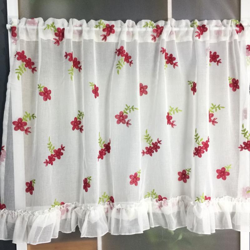 

Lace Voile Short Curtains for Kitchen Cabinet Linen Voile Fabric Pastoral Red Floral Drapes for Bay Window Door Partition WP261H, Red floral tulle