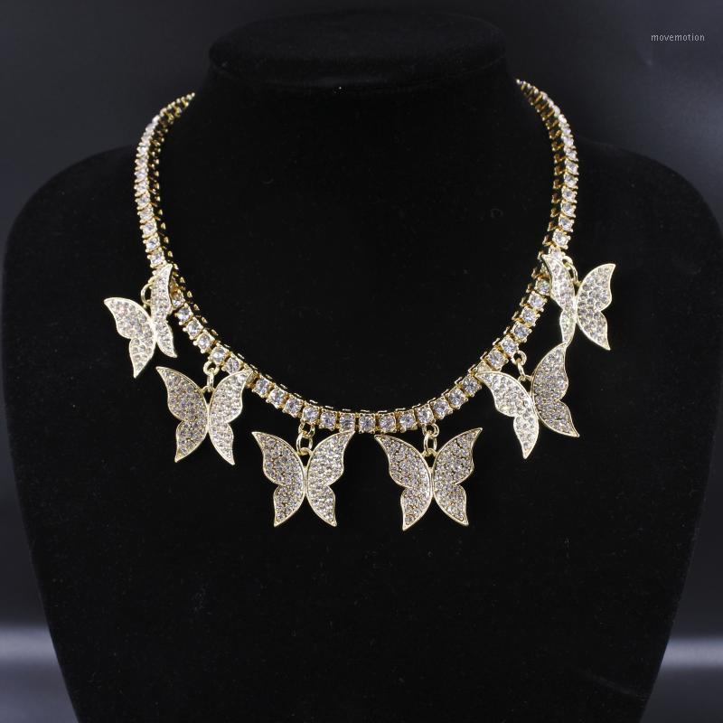 

Butterfly big charm chokers necklaces women jewelry 1 row tennis chain 16inch gold silver color bling hip hop rap rock design1