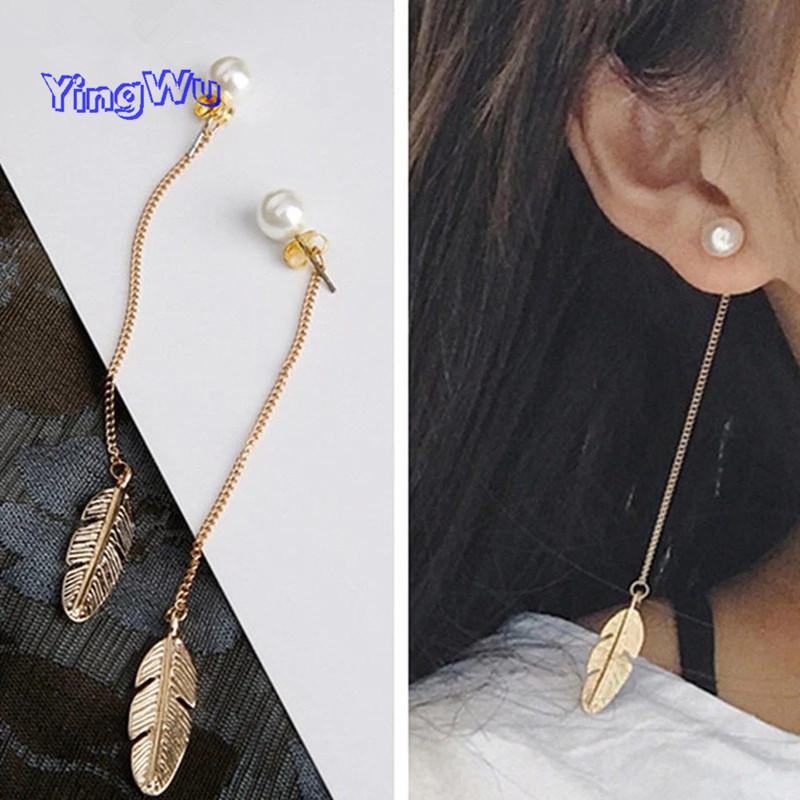 

European Fashion Leaf Feather Pearls Long Tassel Stud Earrings For Women Lady Jewelry, Golden;silver