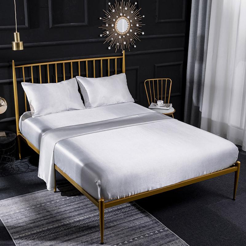 

4pcs Home Bedding Fitted Cover Polyester Wrinkle Free Comfortable Satin Sheets Set Easy Clean Hotel With Pillowcase Silky Smooth, White