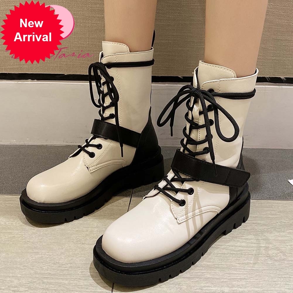 

2021 The New New Female Chunky Heel Ankle Cross Tied Women's Boots Shoes, White