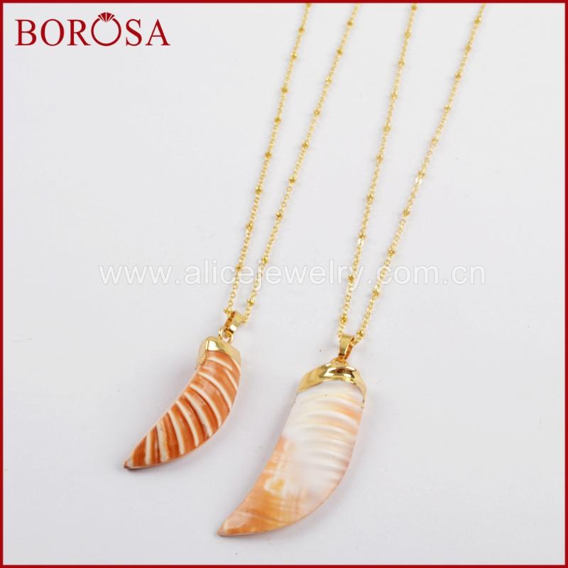 

BOROSA 5/10PCS Fashion 20" Gold Color Horn Shape Natural Shell Pendant Necklace Jewelry for Women Girls G1608-N