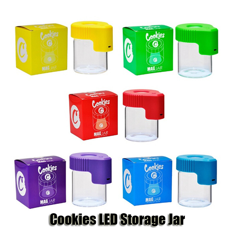 

Cookies LED Storage Jar Magnifying Stash Container 155ml Mag Jar Glowing Container Vacuum Bottle for Dry Herb Tobacco Gummies Edibles DHL