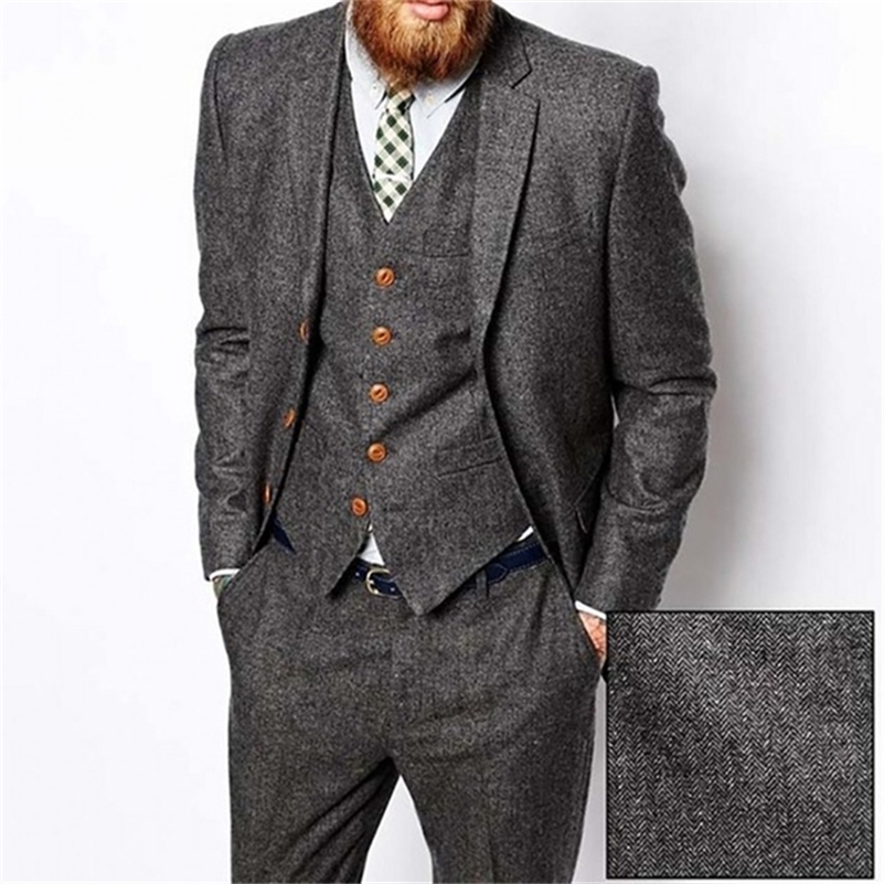 

Grey Herringbone Tweed Men Suit Vintage Fall Winter Groom Tuxedo Ternos Formal Wedding Suits For Men 3 Piece Men's Classic Suit 201106, Same as pic