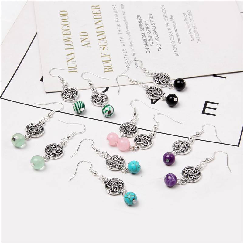 

Vintage silver color metal gem stone beads charm earrings natural purple amethysts green fluorite ladies jewelry earrings gifts