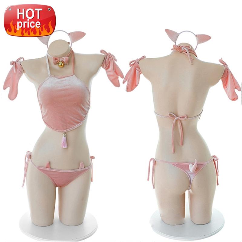 

Japanese Cute Sexy Piggy Autumn Sexy Set Release Bellyband Woman Cosplay Bikini Adult Erotic Lovely Bandage Catwoman Hot Suit #Bt39, Black;white