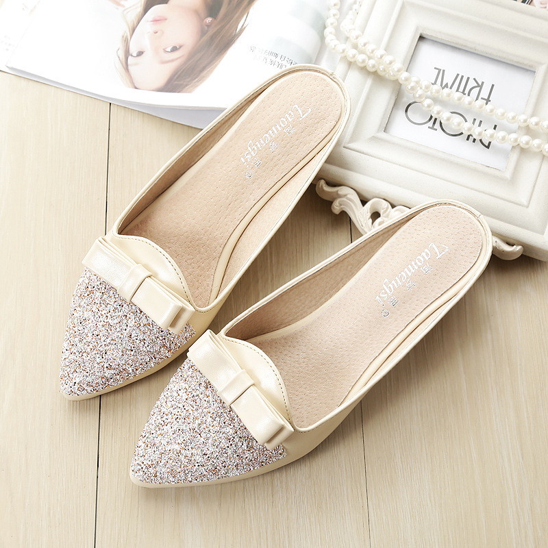 

2021 New Big Size Korean-style Female Sandals Bow Pointed Finger-to-toe Flip-flop Heel Office Slipper Xmp8, White
