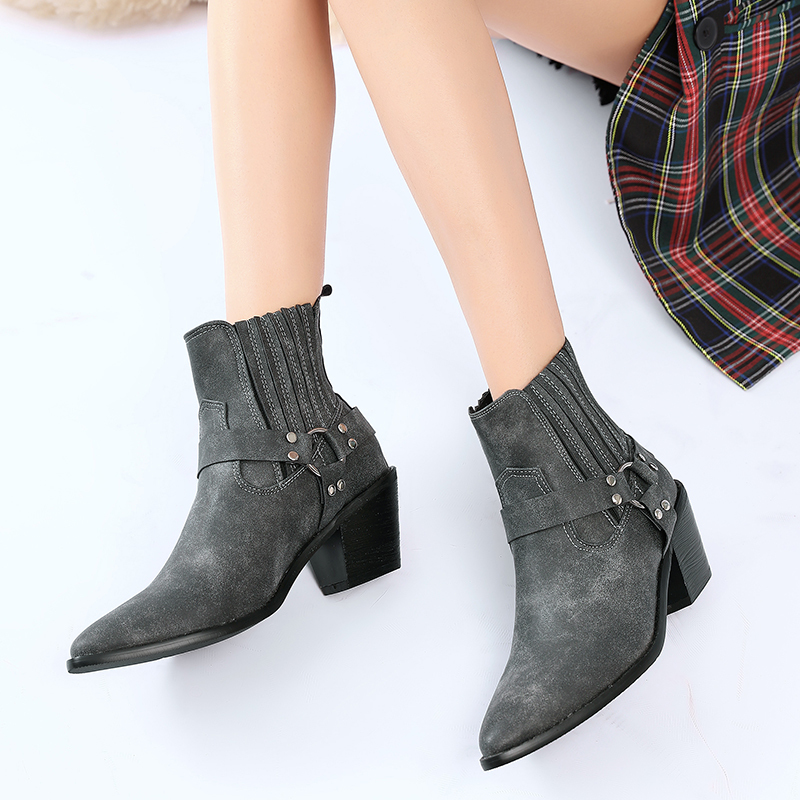 

Brand fashion in leather of plutonium Women's ankle pointed to Western cowboy buckled boots zapatos mujer, Yalow