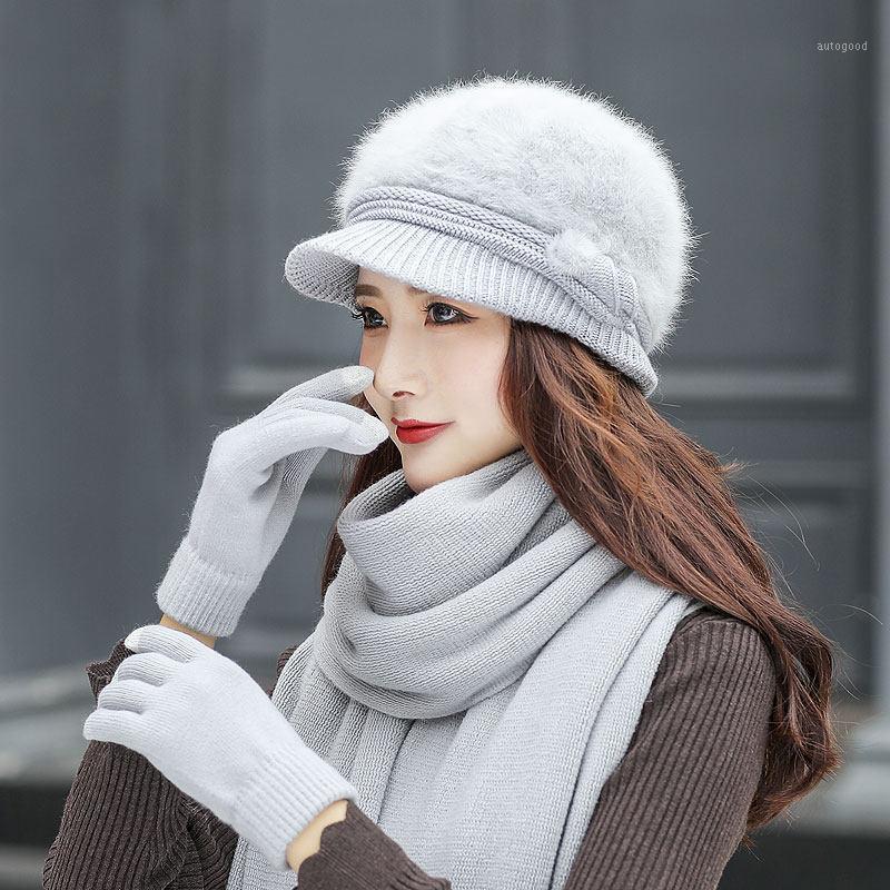 

Beanie/Skull Caps 2021 Women's 3PCS/Set Winter Knitted Hat Wool Scarf Glove Set Fur Adult Bonnets For Women Designer Skullies W1311, Grey purple-3pcs-c