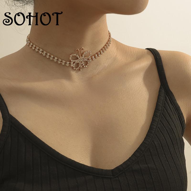 

Chokers SO Romantic Imitation Crystal Double Layer Cute Hollow Butterfly Shape Women Choker Necklace Chic For Female Party Jewelry1