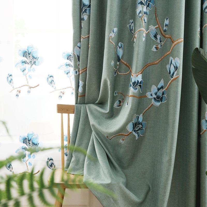 

Luxury Design Embroidered Curtain for Living Room Blackout Golden Blue Floral Delicate Heavy Weight Rideaux Tende JS62C, Color 1 tulle