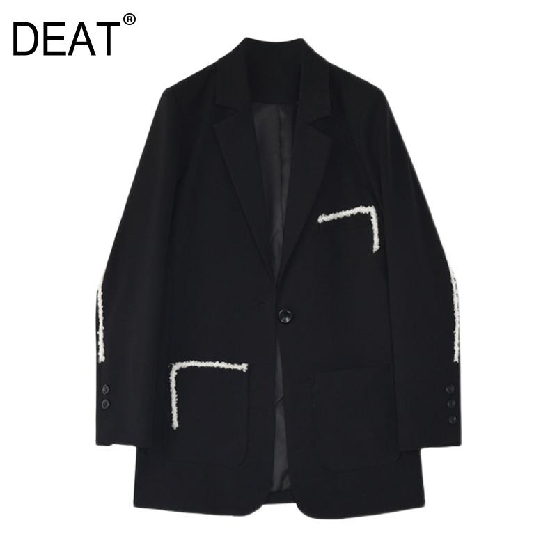 

DEAT Blazer Coat Women Lambswool Patchwork Notched Full Sleeve High Street Add Cotton Jackets 2020 New Autumn Fashion TU832, Black