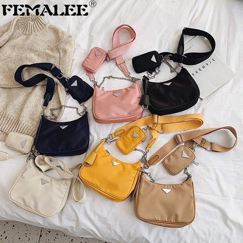 

Women 3 pcs Set Ins Trendy Solid Chains Nylon Wide Strap Shoulder 2020 Baguette Crossbody Elegant Female Messenger Bag Q1208, Black