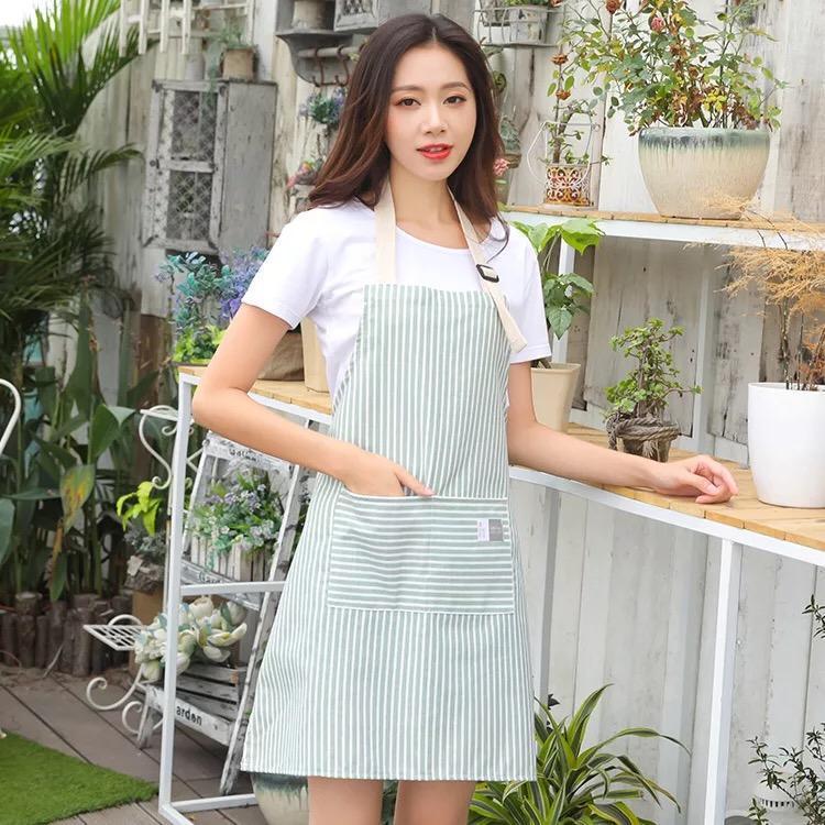 

20 waterproof sleeveless one-piece apron Korean double-layer fashion striped cotton and linen apron hanging neck work1