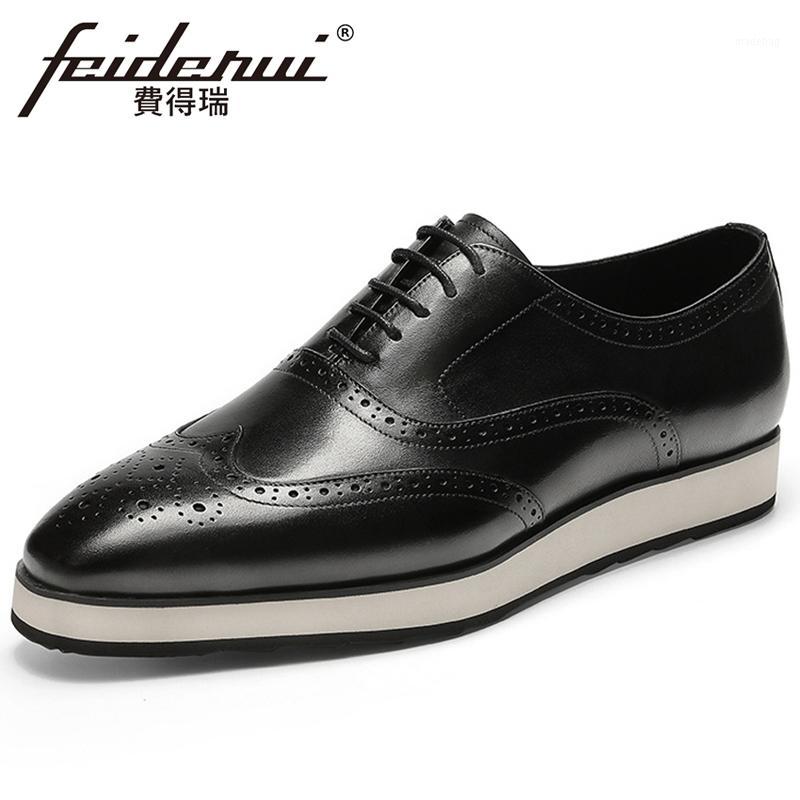 

Vintage Genuine Leather Men's Formal Dress Oxfords Pointed Toe Laces Wingtip Brogues Handmade Man Flat Platform Shoes FHS2901, Man brown shoes