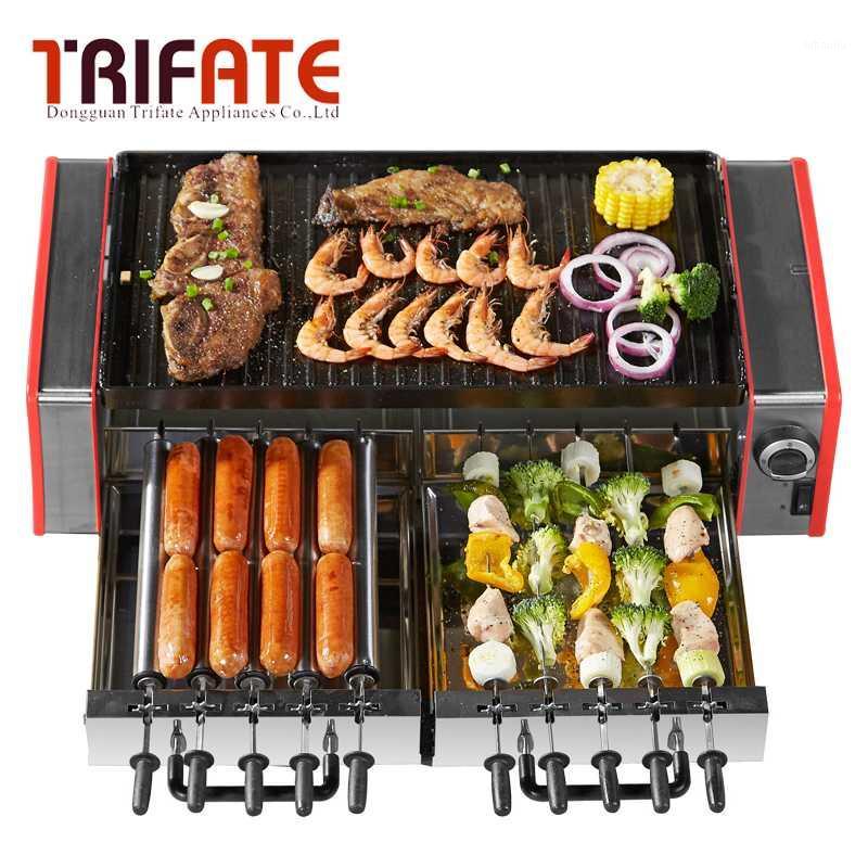 

1600W Double Layers Smokeless Electric Pan Grill Auto Rotate Barbecue Fork BBQ Grill Raclette Electric Griddle1