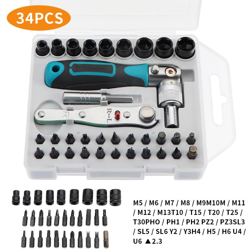 

34Pcs Universal Ratchets Tool 180° Rotation Fast Ratchet Screwdriver Professional Repair Tool for Home Use w/ Box