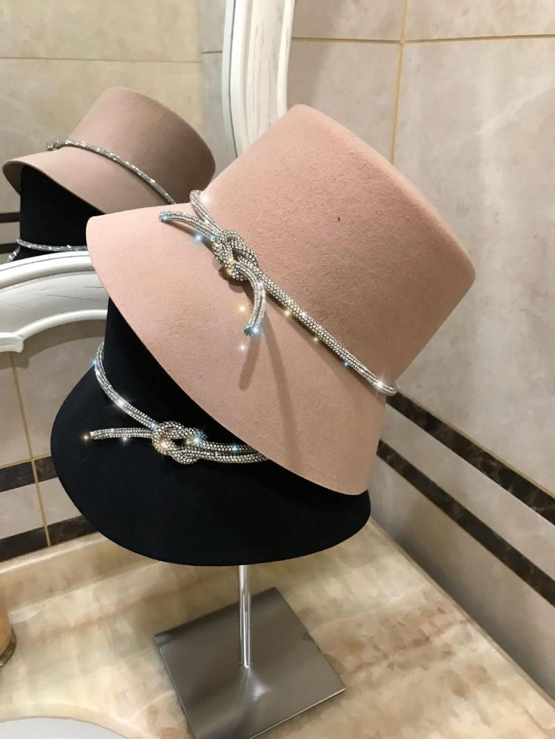 

202012-zhouqi-chain autumn winter wool felt Shiny diamond lady bucket cap men women fishermen hat, Black