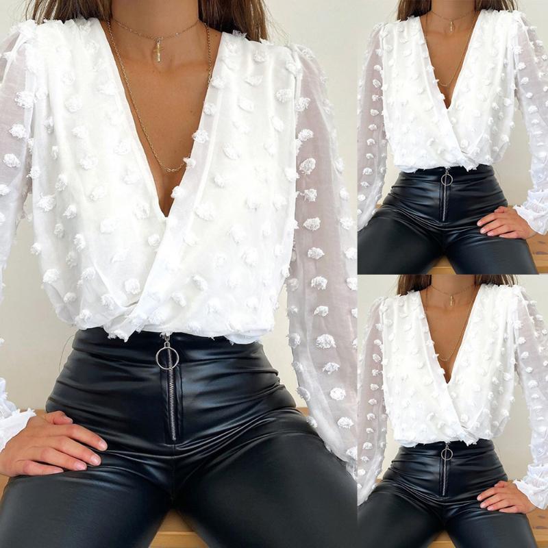 

Women Deep V Neck Top White Jacquard Fashion Shirt Female Long Sleeve Chic Shirt Sexy Polka Dot Solid Color Mesh Blouses