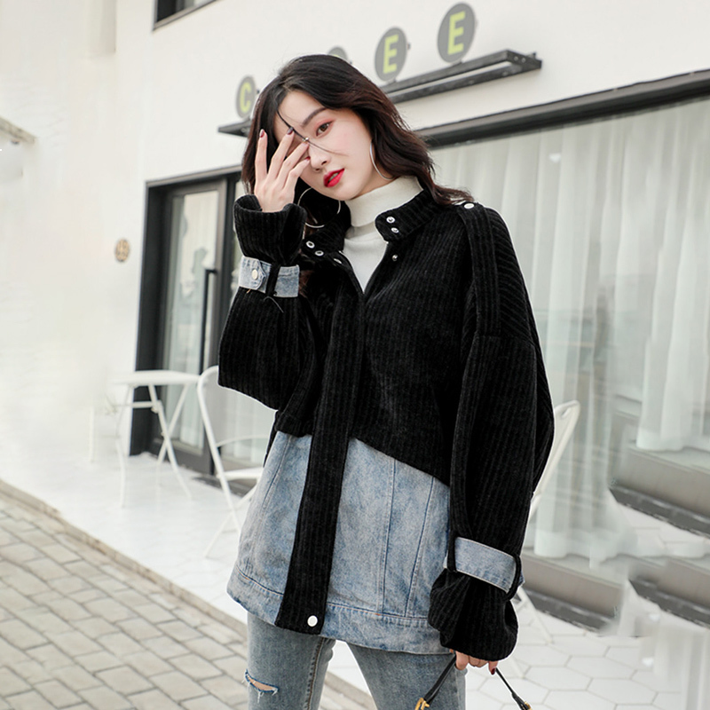 

2021 New Spring Woman Jean Sews Stripe Velvet Patched Letter Plus Size Collar Tide Aviator Jacket Y212 A155, Black stitching