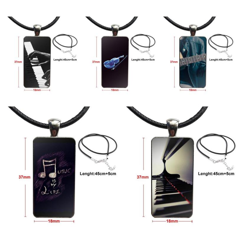 

Piano Guitar Music Newest Super Vintage Jewelry Steel Color Glass Cabochon Choker Pendant Long Rectangle Necklace For Wedding