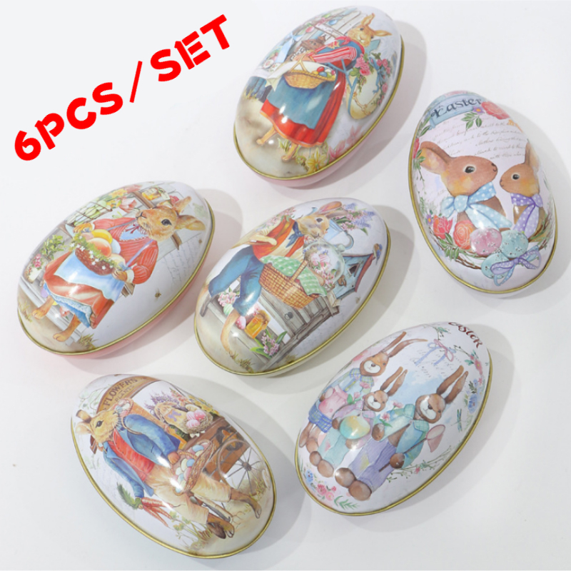 

6 Pieces Easter Bunny Dress Printing Alloy Metal Trinket Tin Easter Eggs Shaped Candy Box Tinplate Case Party Decoration Z1123, Sky blue
