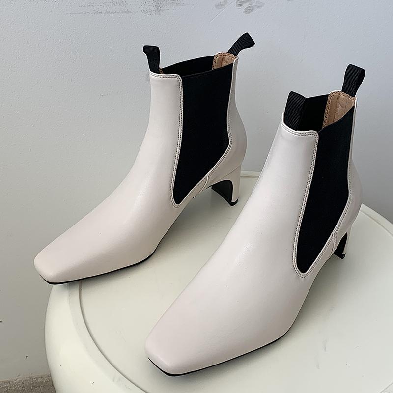 

2020 New Winter Trending Women Block High Heels Brown Pointed Toe Ankle Boots Autumn White Leather Boots Ladies Valentine Shoes