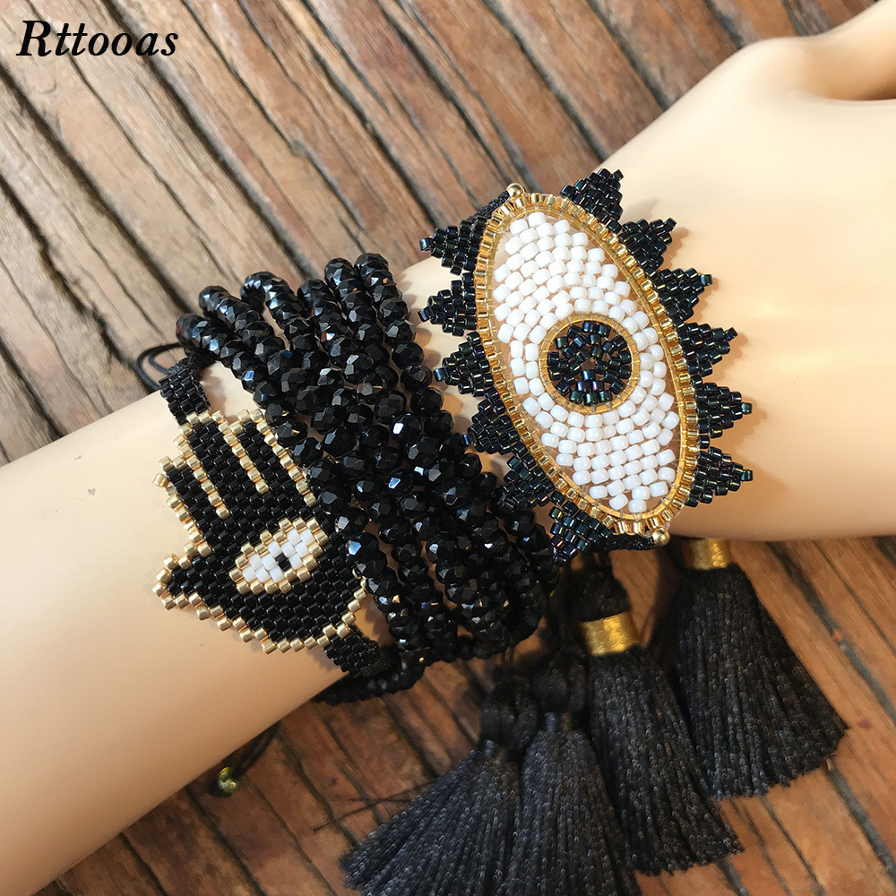 

Rttooas Fashion Handmade MIYUKI Beads Bracelet Set Women Girls Evil Eye Lucky Bracelet Crystal Hamsa Fatima Friendship Bracelet F1201