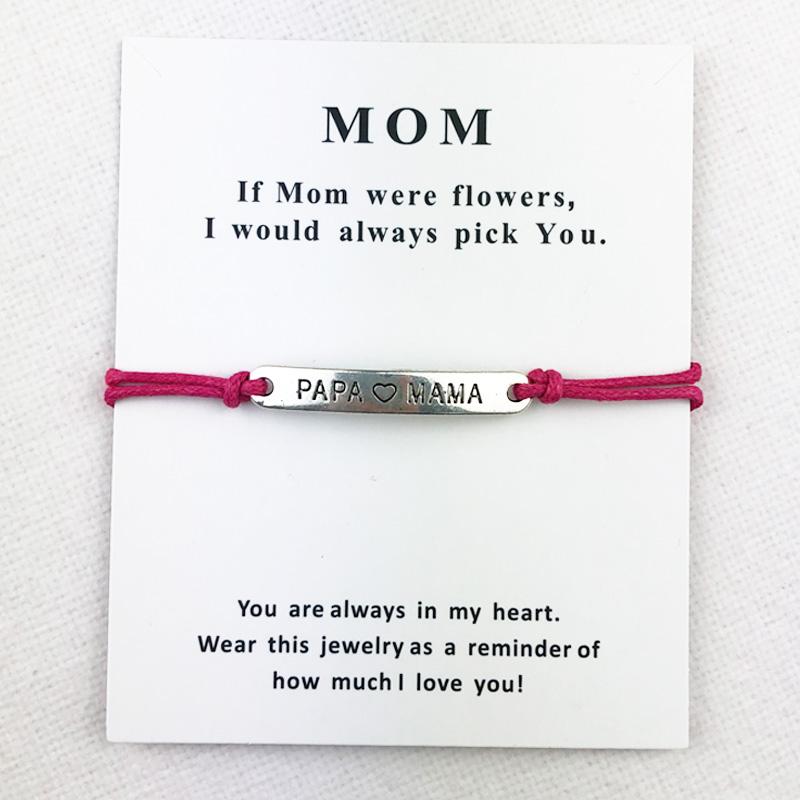 

Silver Plated Papa Love Mama Mom Heart Charms Cuff Multilayer Wax Rope Pink Bracelets Women Men With Card Bracelet Jewelry