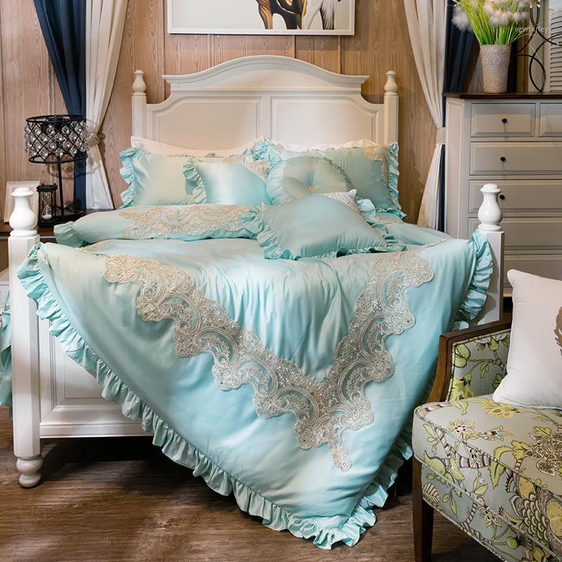 

Wedding Four-piece Silk Duvet Cover Set Bedding Set 60S 100% Cotton Ruffles Quilt Cover Bed Sheet  King 1.5m 1.8m 2m Bed1, As picture